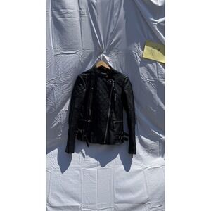 Michael Kors Black Quilted Leather Moto Jacket Women's XS Zipper Buckle Chain De